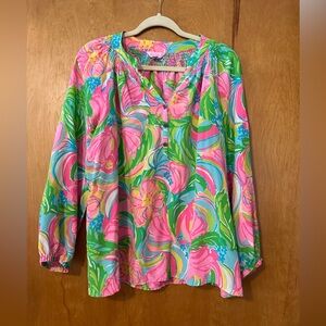 Lilly Pulitzer 100% silk Vibrant Pink and Green Blouse